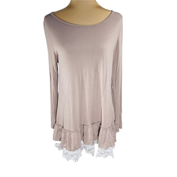 JodifL Long-Line Blush Pink Taupe Long Sleeve Round Neck Lace Trim Shirt Medium - Picture 1 of 7